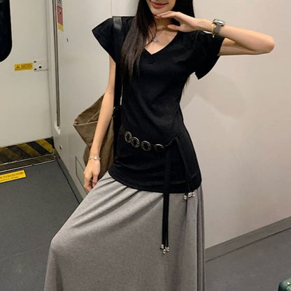 Cap-Sleeve V-Neck Top with Belt and Maxi Skirt Set