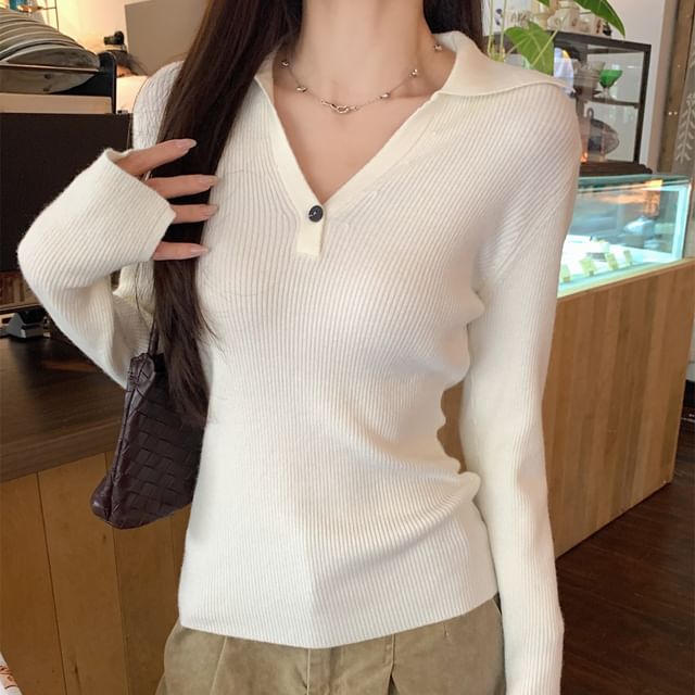 Long-Sleeve V-Neck Knit Polo Shirt