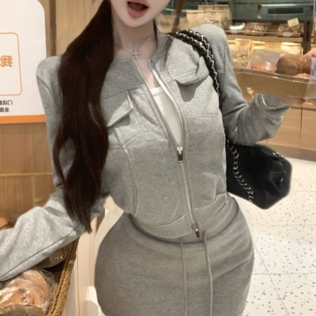 Zip-Up Crop Jacket and Mini Pencil Skirt Set