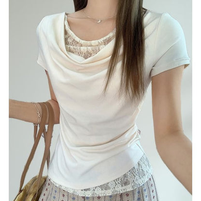 Cowl Neck Lace Panel Fitted Top with Short Sleeves