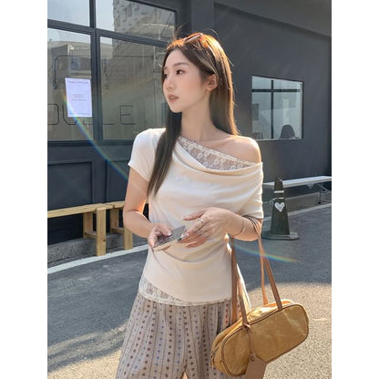 Cowl Neck Lace Panel Fitted Top with Short Sleeves