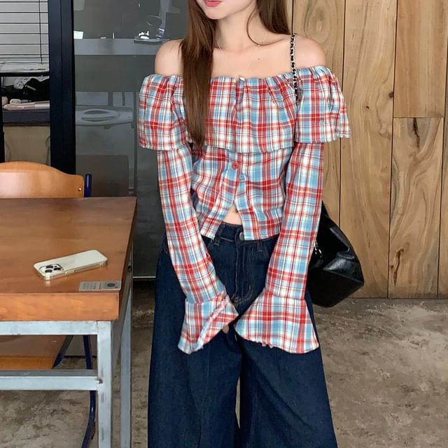 Plaid Off-Shoulder Crop Top with Long Sleeves
