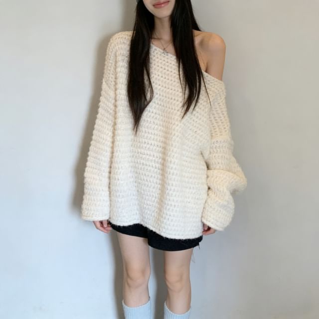 Flared Sleeve Off-Shoulder Solid Knit Pullover
