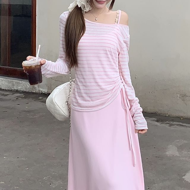 Striped Off-Shoulder Tee and Maxi A-Line Dress Set
