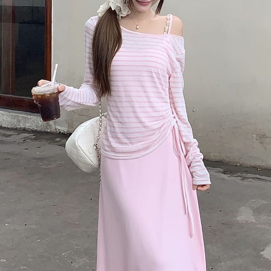 Striped Off-Shoulder Tee and Maxi A-Line Dress Set