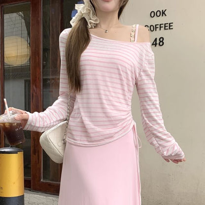 Striped Off-Shoulder Tee and Maxi A-Line Dress Set