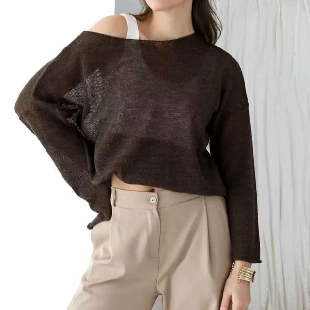 Boat Neck Knit Top with Long Sleeves