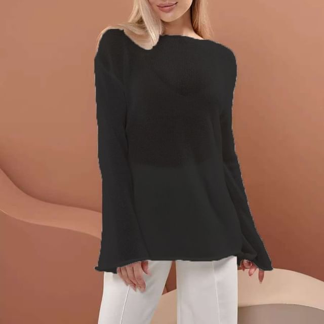Boat Neck Knit Top with Long Sleeves