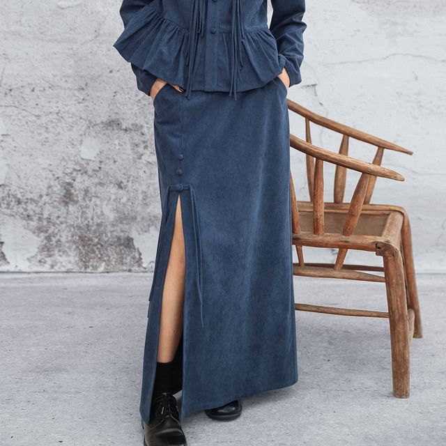 Mandarin Collar Peplum Corduroy Blouse Long Sleeve Frog Closure & High Waist Slit Pencil Skirt