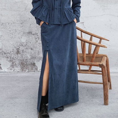 Mandarin Collar Peplum Corduroy Blouse Long Sleeve Frog Closure & High Waist Slit Pencil Skirt
