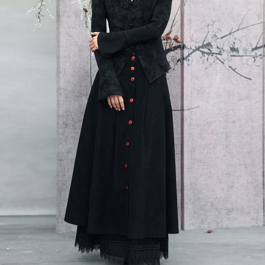 Corduroy Button Layered Lace Maxi A-Line Skirt High-Waisted Contrast Stitch