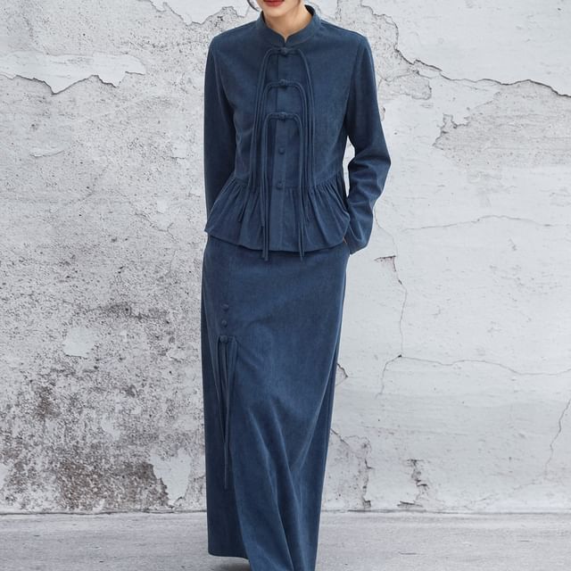 Mandarin Collar Peplum Corduroy Blouse Long Sleeve Frog Closure & High Waist Slit Pencil Skirt