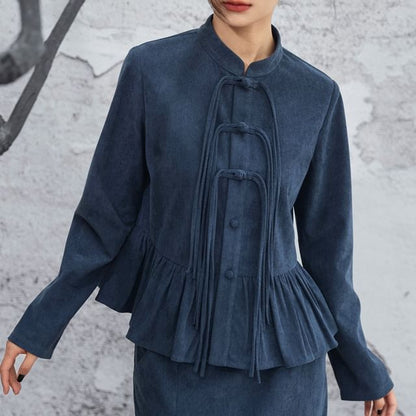 Mandarin Collar Peplum Corduroy Blouse Long Sleeve Frog Closure & High Waist Slit Pencil Skirt