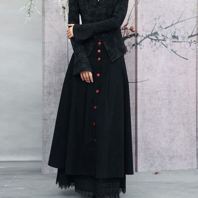 Corduroy Button Layered Lace Maxi A-Line Skirt High-Waisted Contrast Stitch