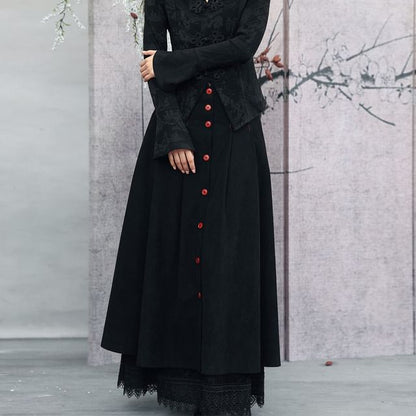Corduroy Button Layered Lace Maxi A-Line Skirt High-Waisted Contrast Stitch