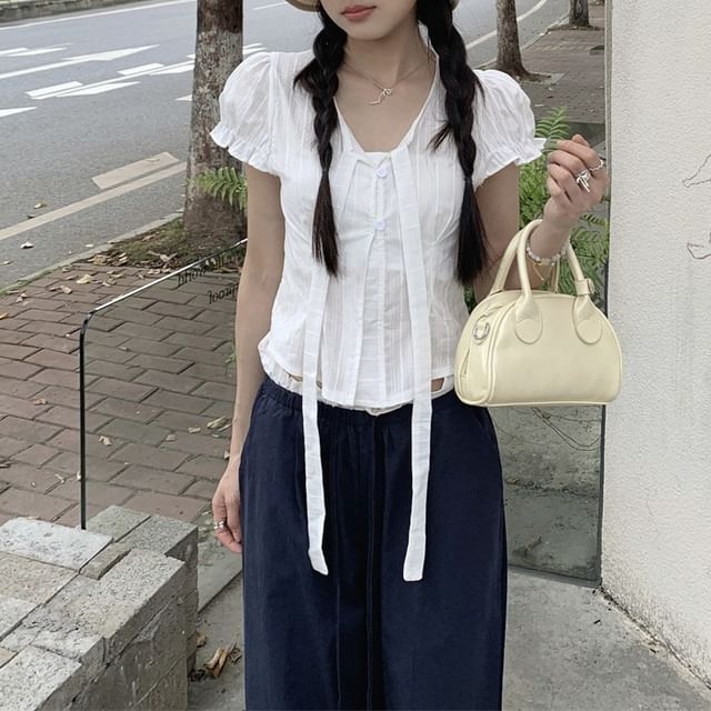 Tie-Neck Crop Tee and Drawstring Wide-Leg Pants Set