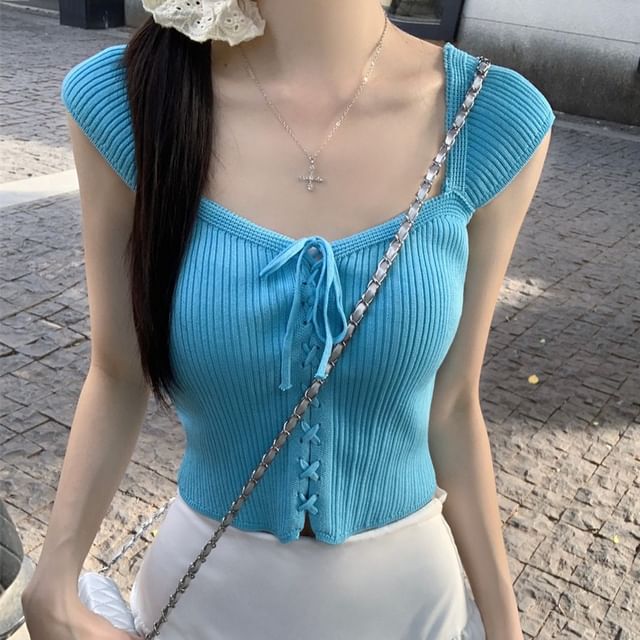 Cap Sleeve Lace-Up Ribbed V-Neck Knit Top
