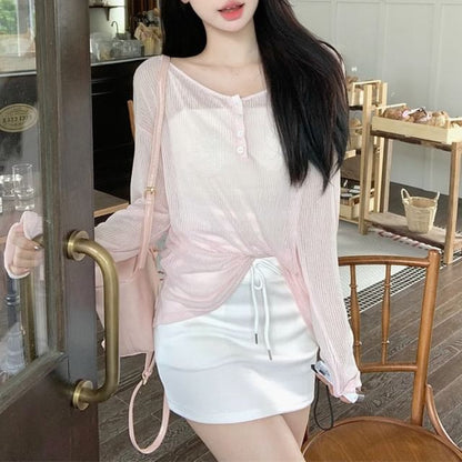 Tie-Back Henley Shirt with Long Sleeves
