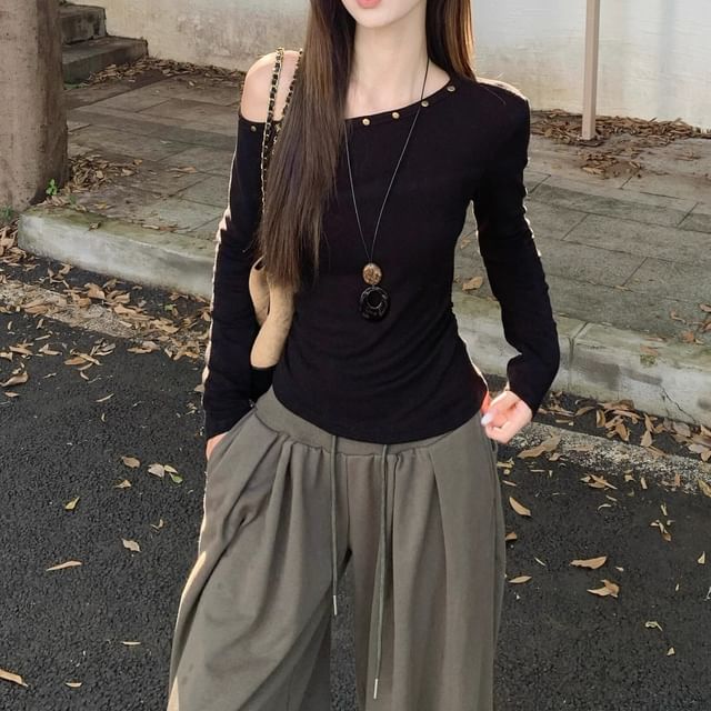 One-Shoulder Long-Sleeve Top with Stud Details