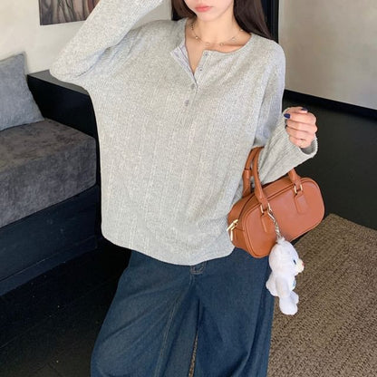 Henley Long-Sleeve Ribbed Top
