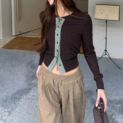 V-Neck Long Sleeve Buttoned Striped Shirt