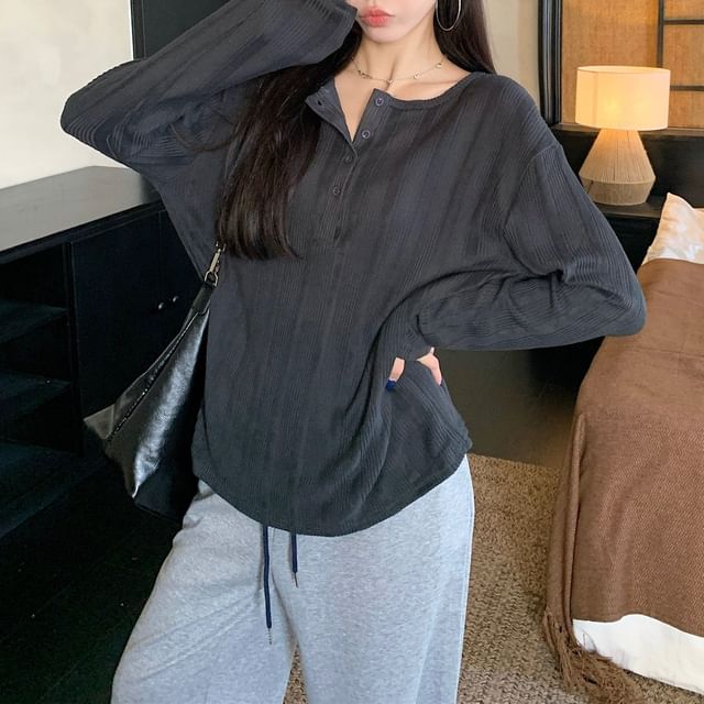 Henley Long-Sleeve Ribbed Top