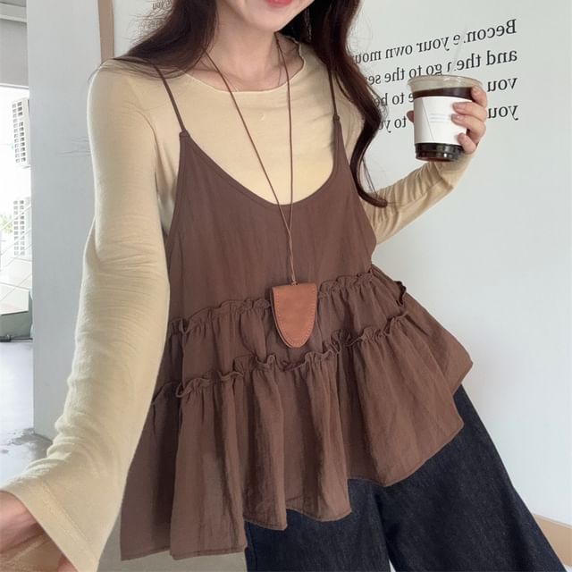 Round Neck Long-Sleeve Top & Flowy Camisole