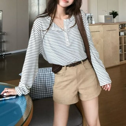 Striped Henley Tee & High-Waist Shorts Set
