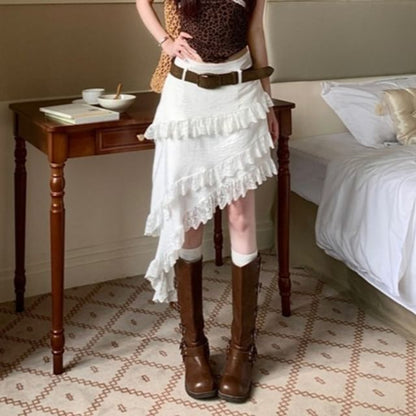 Asymmetric Lace Panel A-Line Skirt with Mid Rise