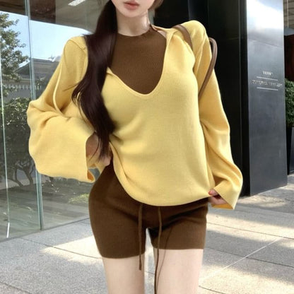 V-Neck Knit Top, Halter Top & Shorts Combo