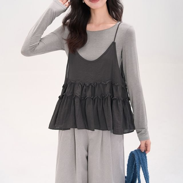 Round Neck Long-Sleeve Top & Flowy Camisole