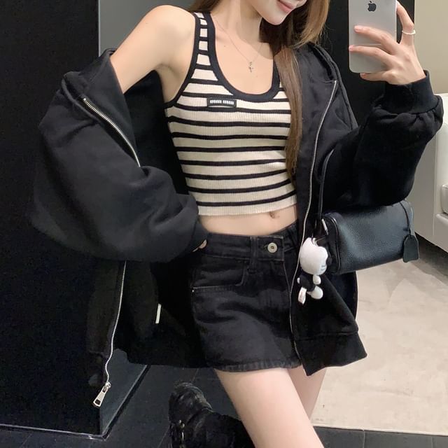 Striped Ribbed Tank & Round Neck Long-Sleeve Top