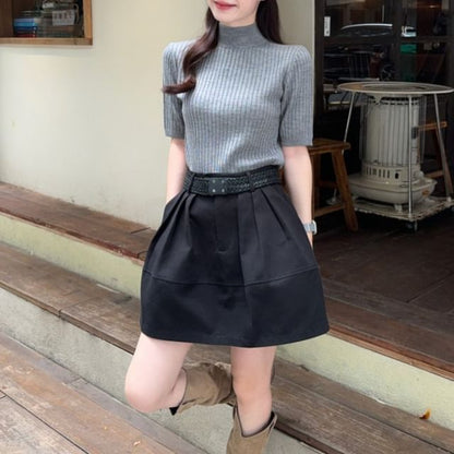 Mock Neck Ribbed Knit Top & Pleated Mini Skirt Set
