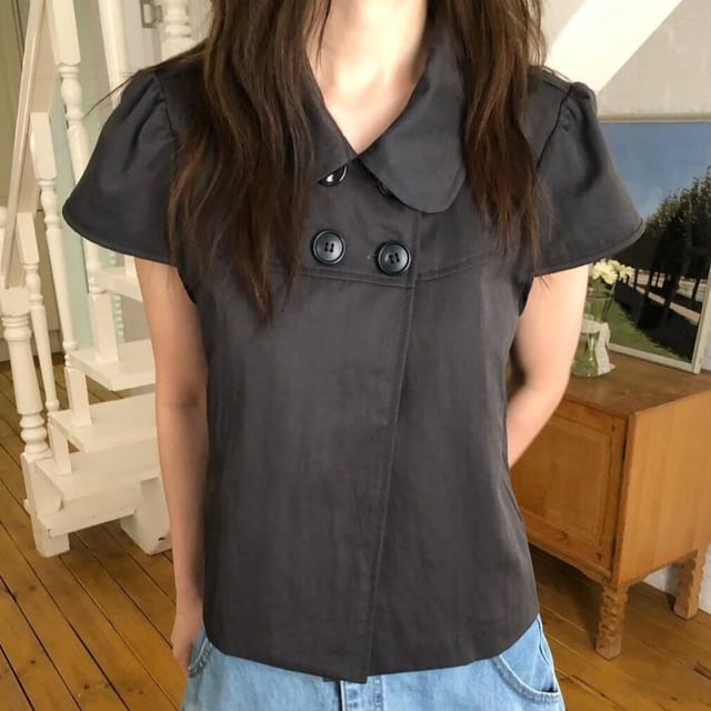 Peter Pan Collar Double-Breasted Blouse with Short Sleeves