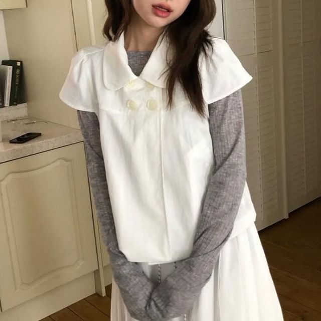 Peter Pan Collar Double-Breasted Blouse with Short Sleeves