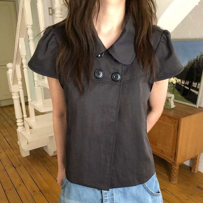Peter Pan Collar Double-Breasted Blouse with Short Sleeves