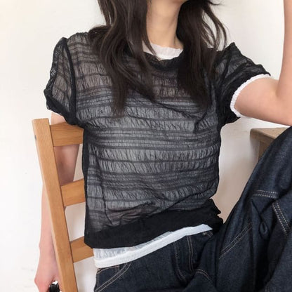 Crew Neck Mesh Top with Short Sleeves