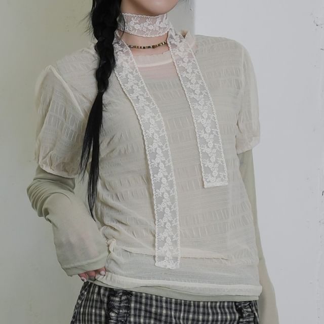 Crew Neck Mesh Top with Short Sleeves