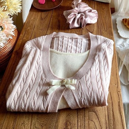 Cropped Knit Mock Two-Piece with Long Sleeves