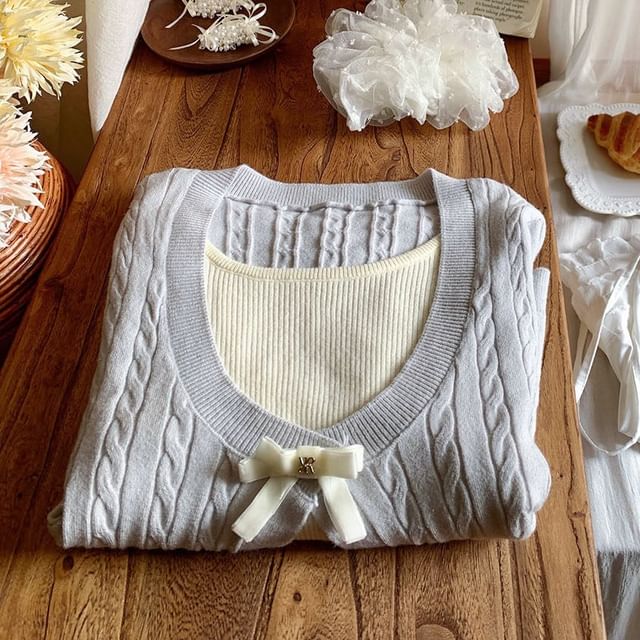 Cropped Knit Mock Two-Piece with Long Sleeves