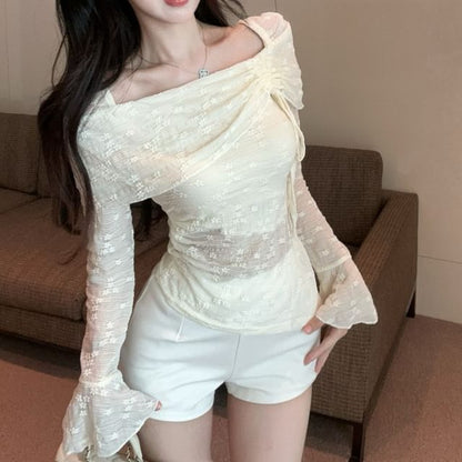 Long-Sleeve Square Neck Lace Asymmetrical Crop Top