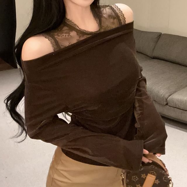 Long-Sleeve Cold Shoulder Lace Panel Velvet Top