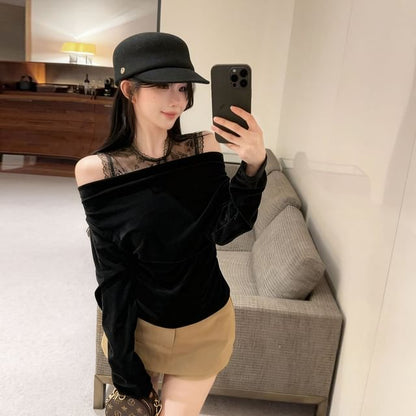 Long-Sleeve Cold Shoulder Lace Panel Velvet Top