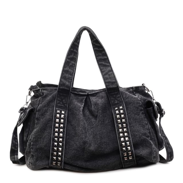 Studded Flap Pocket Washed Denim Crossbody Tote Bag