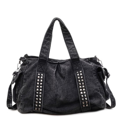 Studded Flap Pocket Washed Denim Crossbody Tote Bag