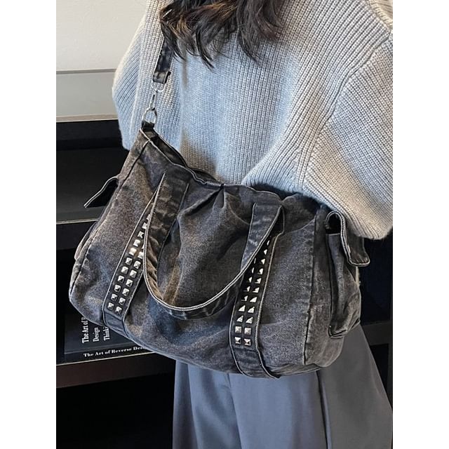 Studded Flap Pocket Washed Denim Crossbody Tote Bag