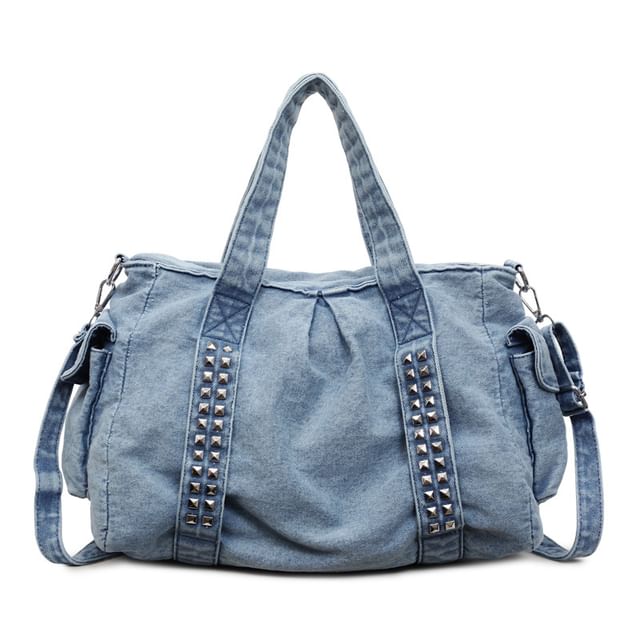 Studded Flap Pocket Washed Denim Crossbody Tote Bag