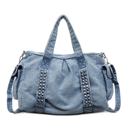 Studded Flap Pocket Washed Denim Crossbody Tote Bag