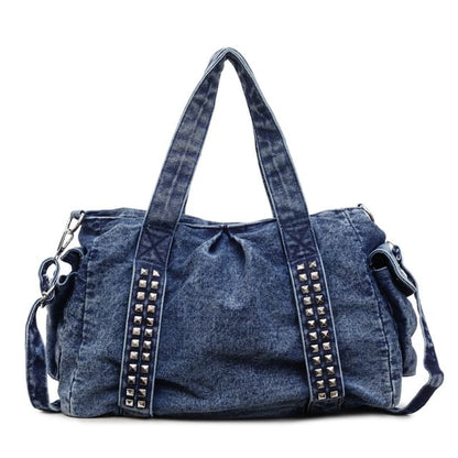 Studded Flap Pocket Washed Denim Crossbody Tote Bag