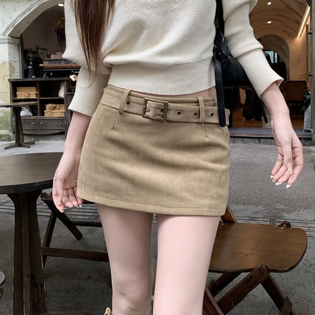 Mini Pencil Skirt Set with Belt Mid-Rise